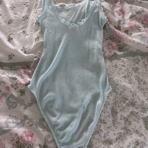 Victoria's Secret Light Blue Ribbed Lace-Trim Bodysuit